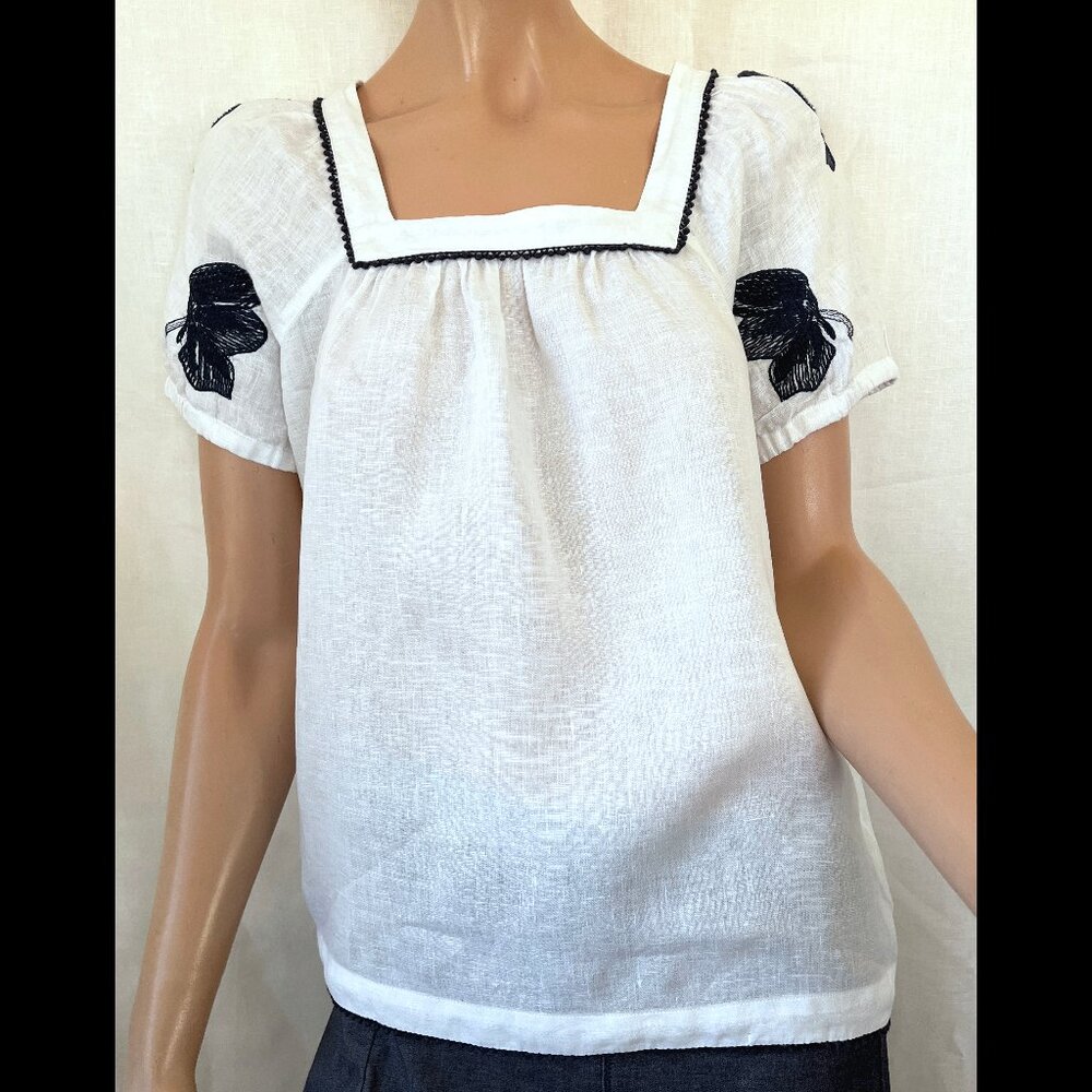 J. Crew embroidered white linen peasant style blouse square neck XS